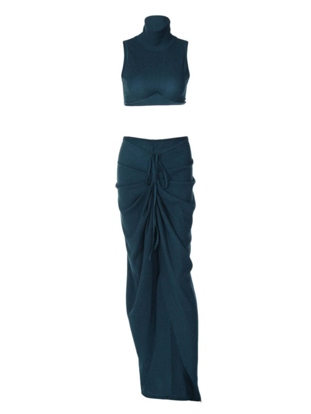 High Neck Split Skirt Set In Blue Teal | Mix Mix Style [Hot Seller]-Mix MIx Style