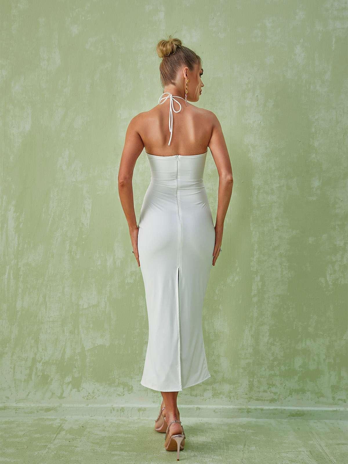 Halterneck Cutout Midi Dress in White | Mix Mix Style [Hot Seller]-Mix MIx Style