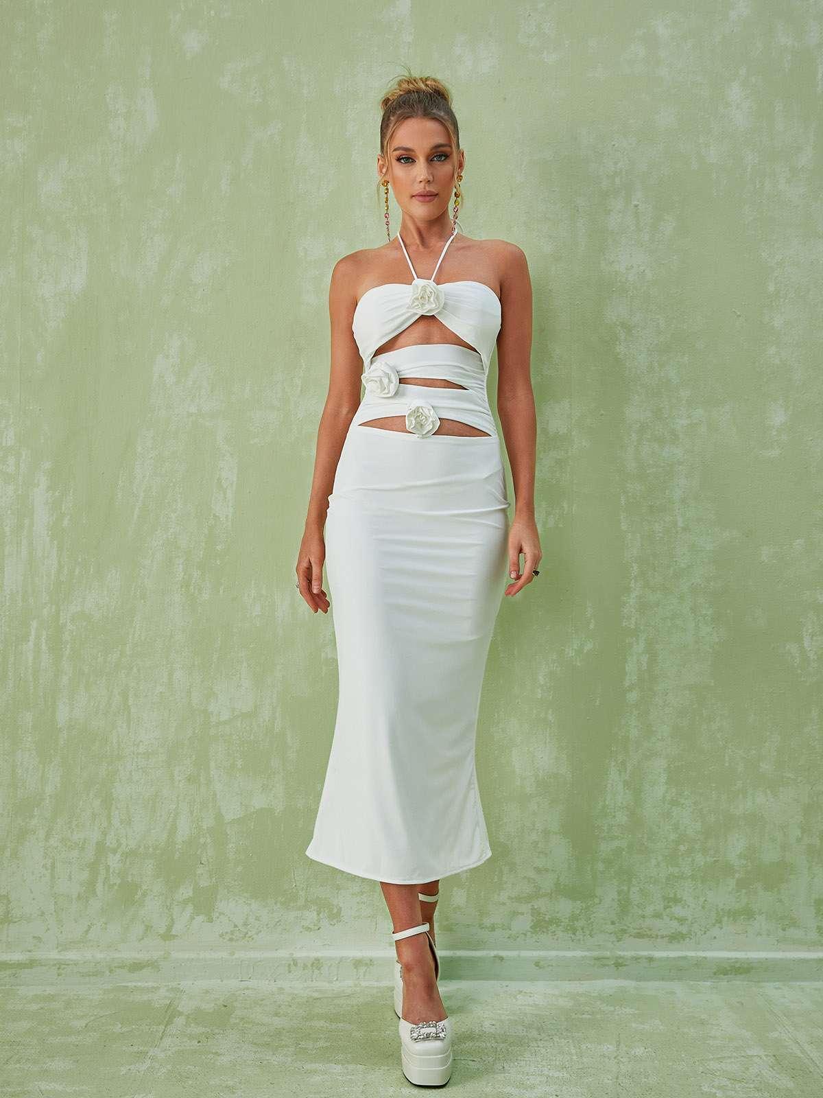 Halterneck Cutout Midi Dress in White | Mix Mix Style [Hot Seller]-Mix MIx Style