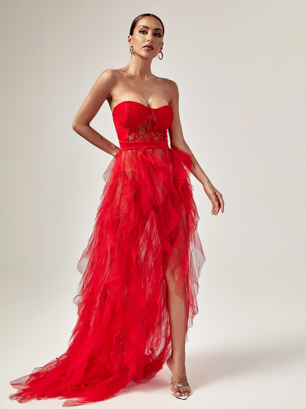 Dorothy Tulle Maxi Dress In Red-Mix MIx Style