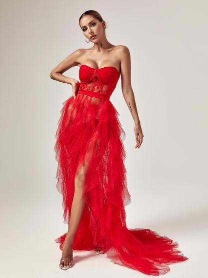 Dorothy Tulle Maxi Dress In Red-Mix MIx Style
