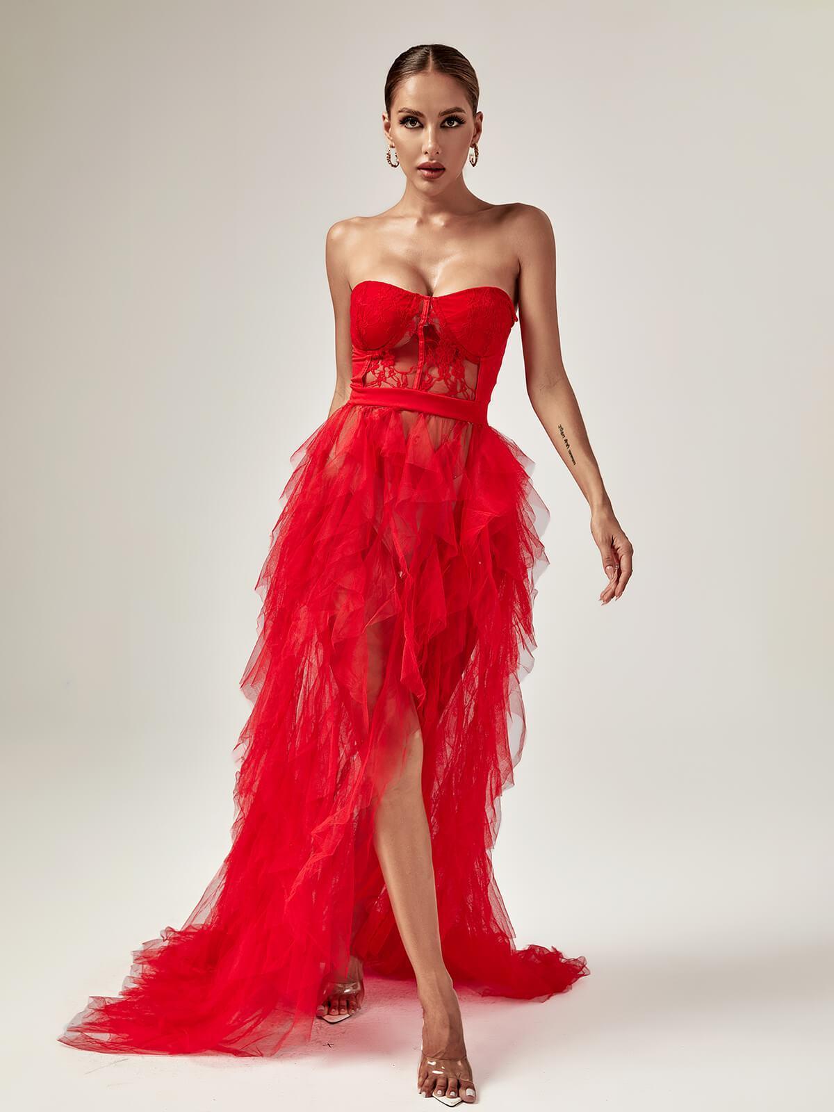 Dorothy Tulle Maxi Dress In Red-Mix MIx Style