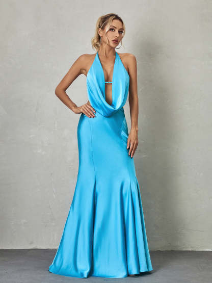 Dymphna Draped Neck Satin Maxi Dress in Blue-Mix MIx Style