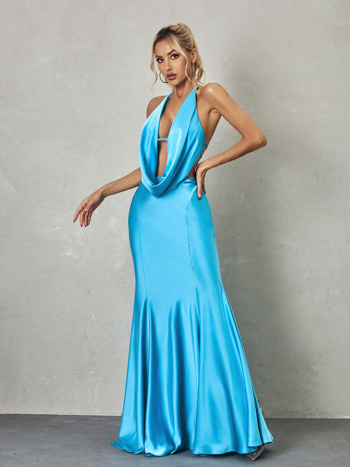 Dymphna Draped Neck Satin Maxi Dress in Blue-Mix MIx Style