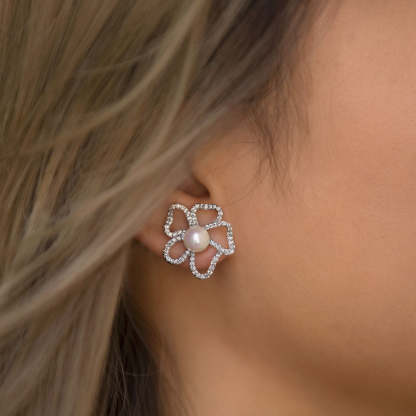 Pearl Flower 18K White Gold Earrings | Mix Mix Style [Hot Seller]-Mix MIx Style