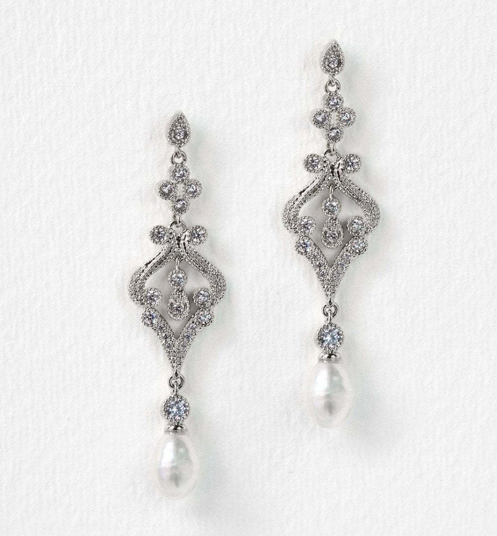 Vintage Pearl Long Drop Moissanite 18K White Gold Earrings | Mix Mix Style [Hot Seller]-Mix MIx Style