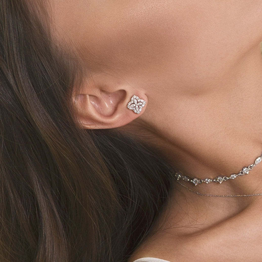 Floral Moissanite Stud 18K White Gold Earrings | Mix Mix Style [Hot Seller]-Mix MIx Style