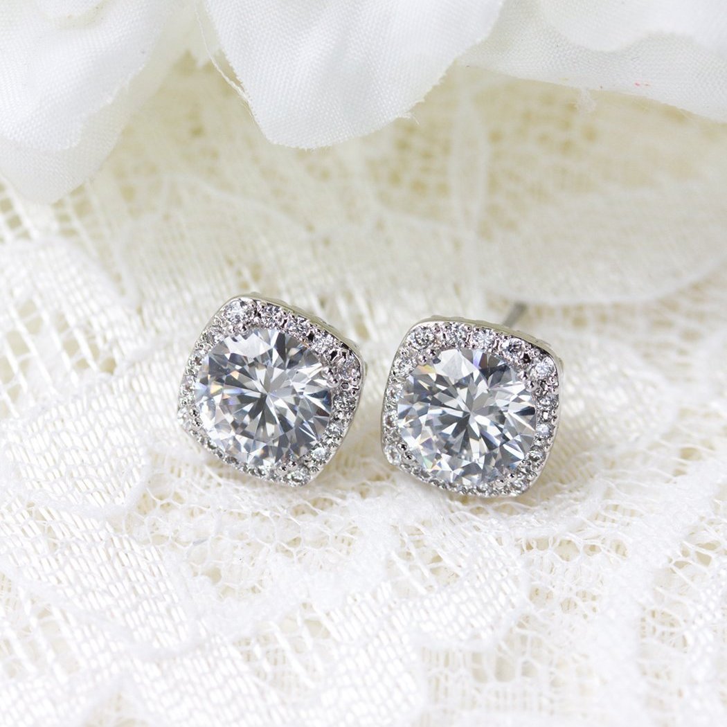 Cushion Stud Moissanite Diamond 18K White Gold Earrings | Mix Mix Style [Hot Seller]-Mix MIx Style