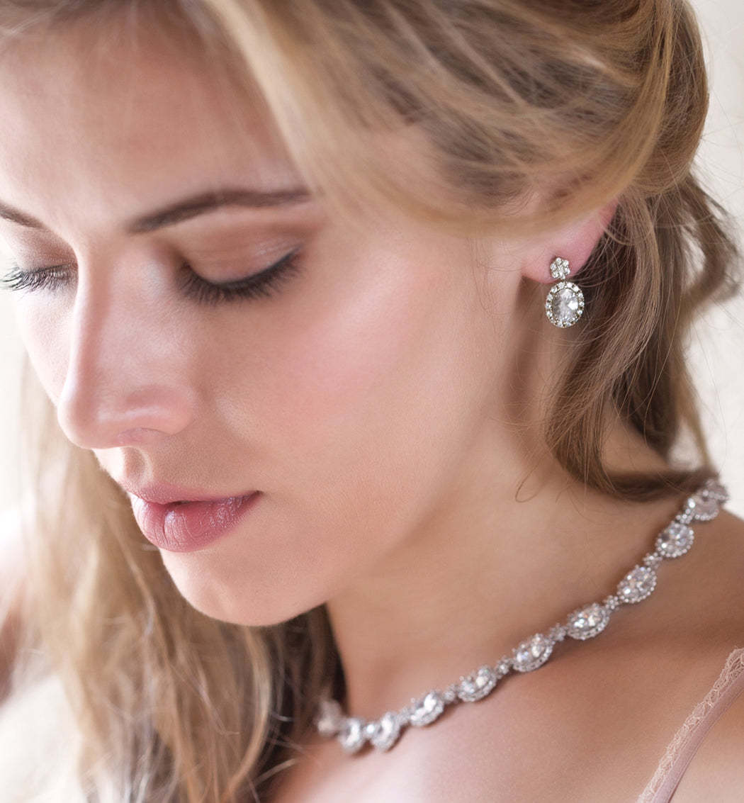 Oval Halo Drop 18K White Gold  Earrings | Mix Mix Style [Hot Seller]-Mix MIx Style