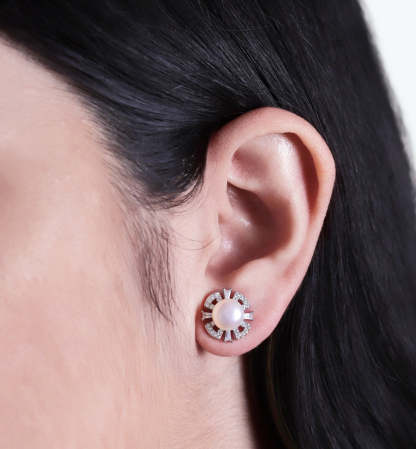 Deco Pearl Stud 18K White Gold Earrings | Mix Mix Style [Hot Seller]-Mix MIx Style