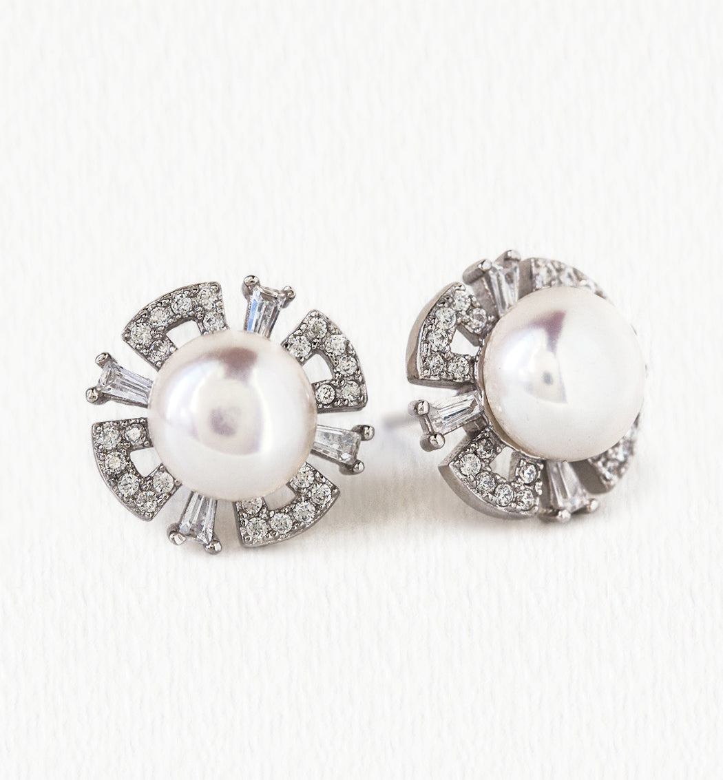 Deco Pearl Stud 18K White Gold Earrings | Mix Mix Style [Hot Seller]-Mix MIx Style