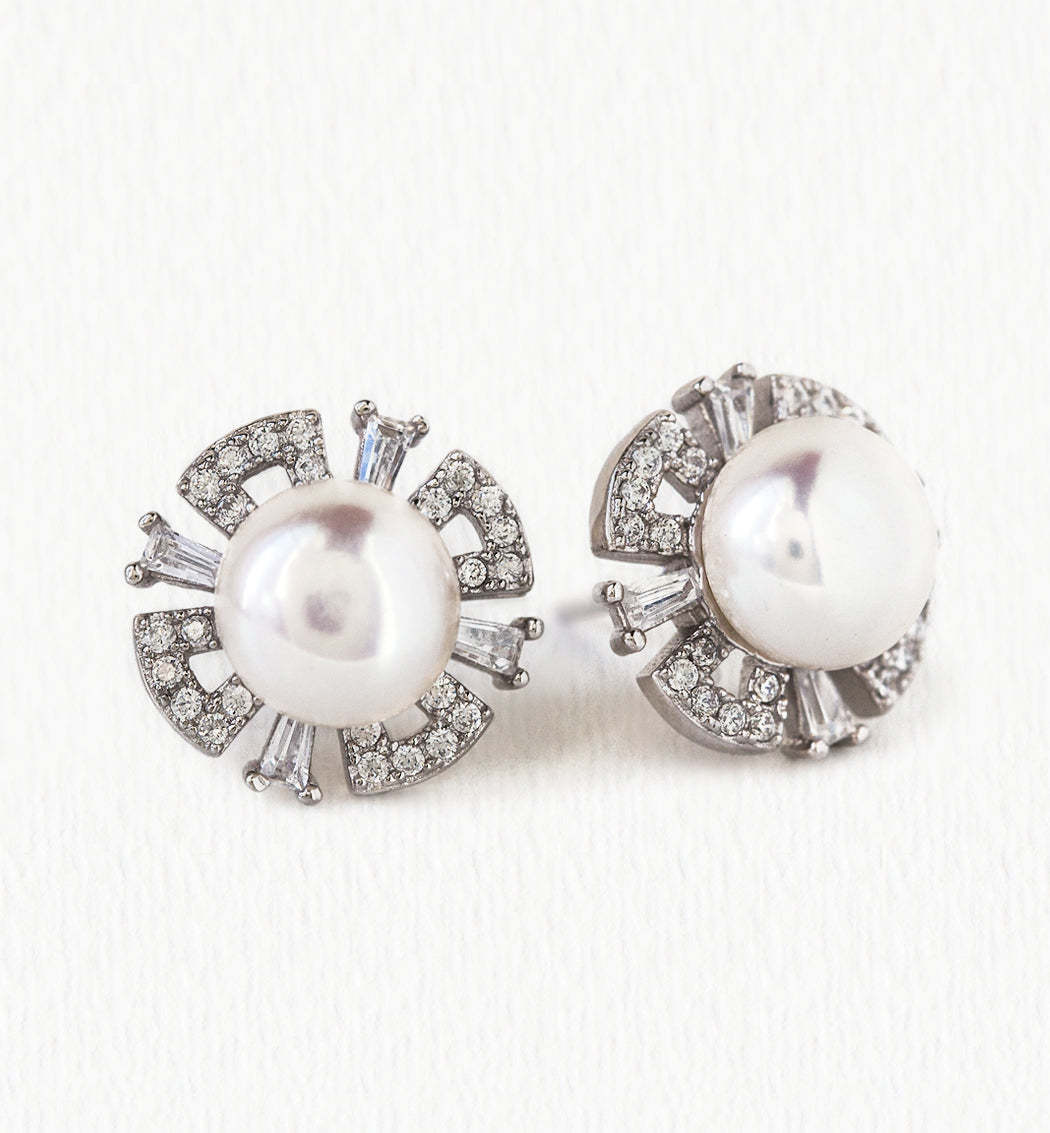 Deco Pearl Stud 18K White Gold Earrings | Mix Mix Style [Hot Seller]-Mix MIx Style