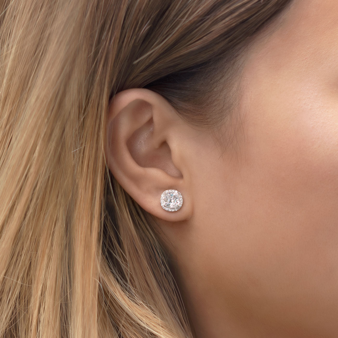 Cushion Halo Stud 18K White Gold Earrings | Mix Mix Style [Hot Seller]-Mix MIx Style