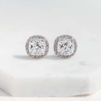 Cushion Halo Stud 18K White Gold Earrings | Mix Mix Style [Hot Seller]-Mix MIx Style