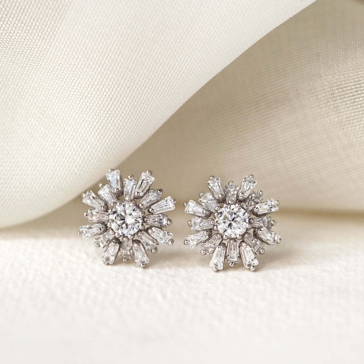Deco Baguette Rays Moissanite Diamonds 18K White Gold Studs | Mix Mix Style [Hot Seller]-Mix MIx Style