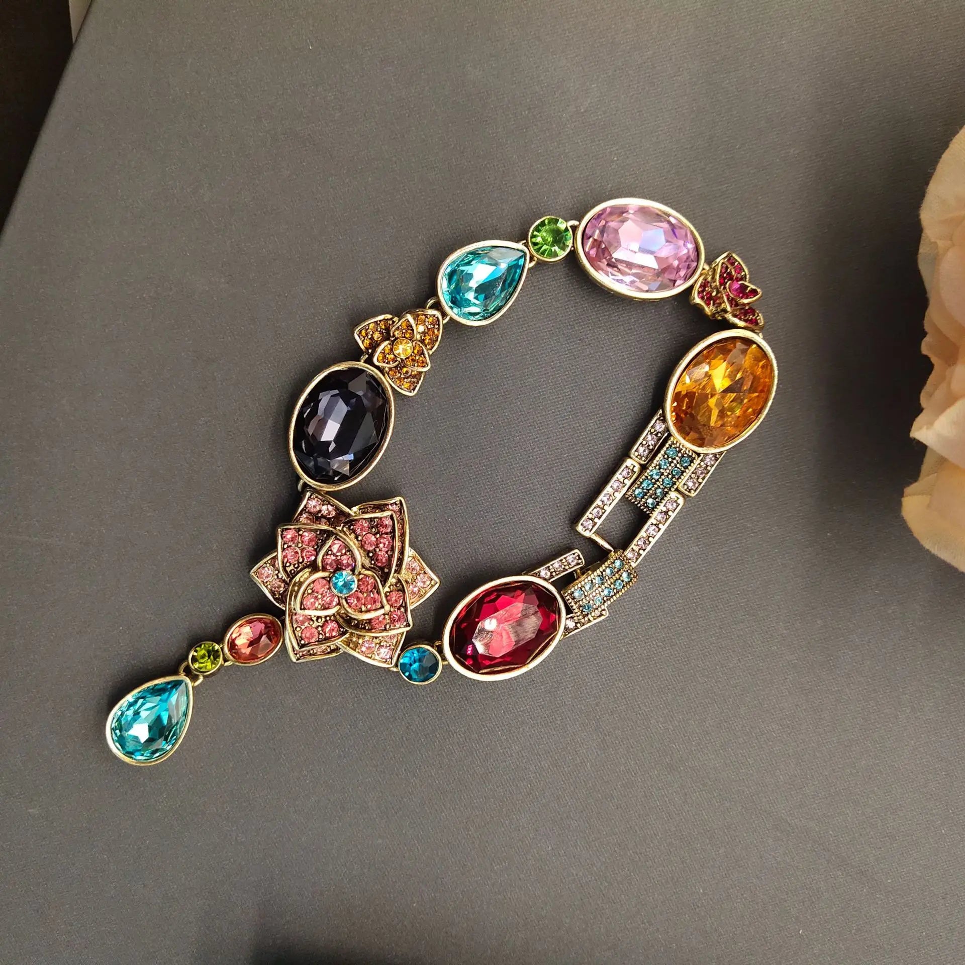 18k gold plated gemstone floral earrings necklace bracelet ring vintage antique jewelry set | Mix Mix Style [Hot Seller]-Mix MIx Style