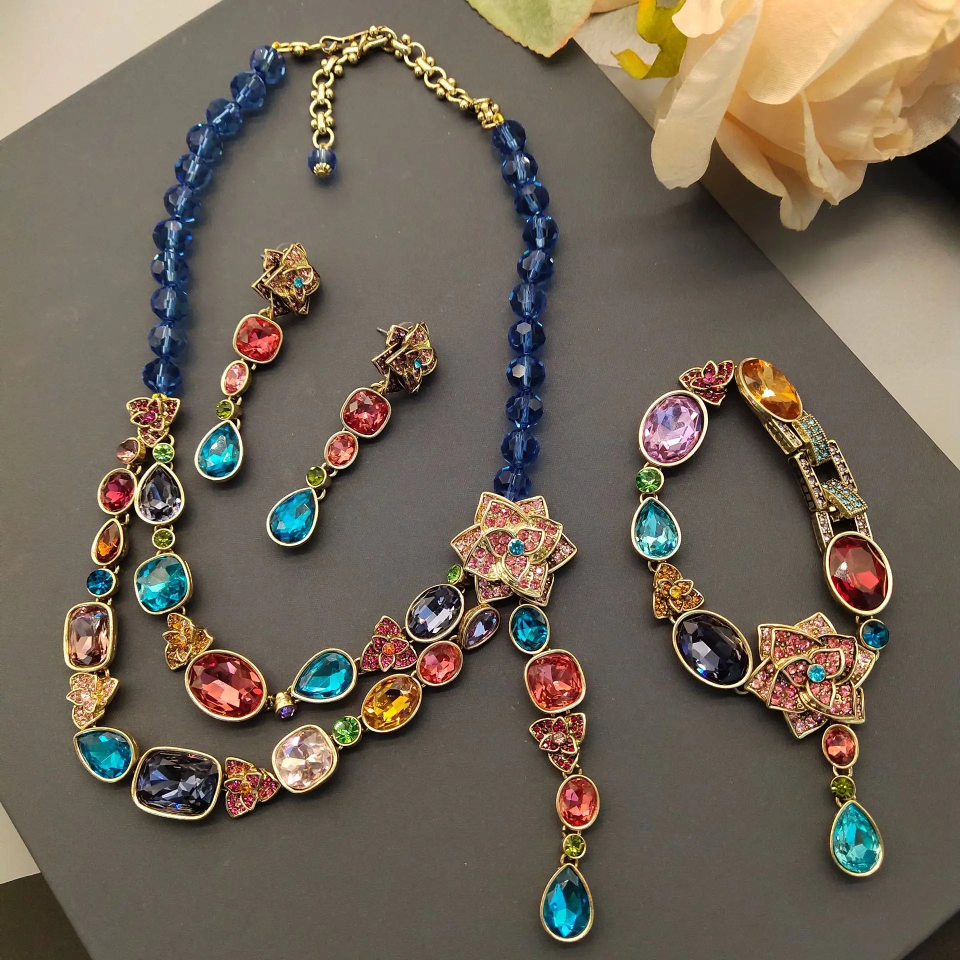 18k gold plated gemstone floral earrings necklace bracelet ring vintage antique jewelry set | Mix Mix Style [Hot Seller]-Mix MIx Style