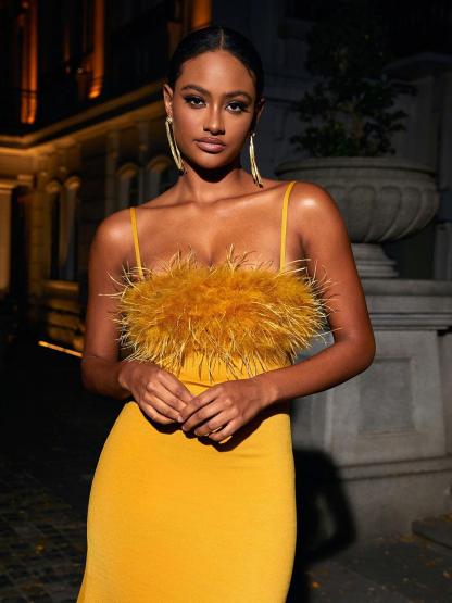 Effy Spaghetti Feather Maxi Dress In Yellow-Mix MIx Style
