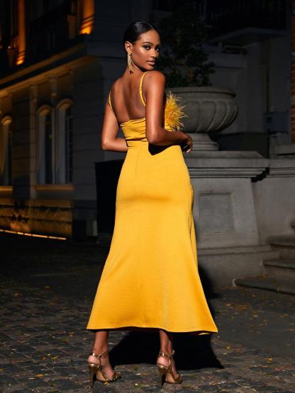 Effy Spaghetti Feather Maxi Dress In Yellow-Mix MIx Style