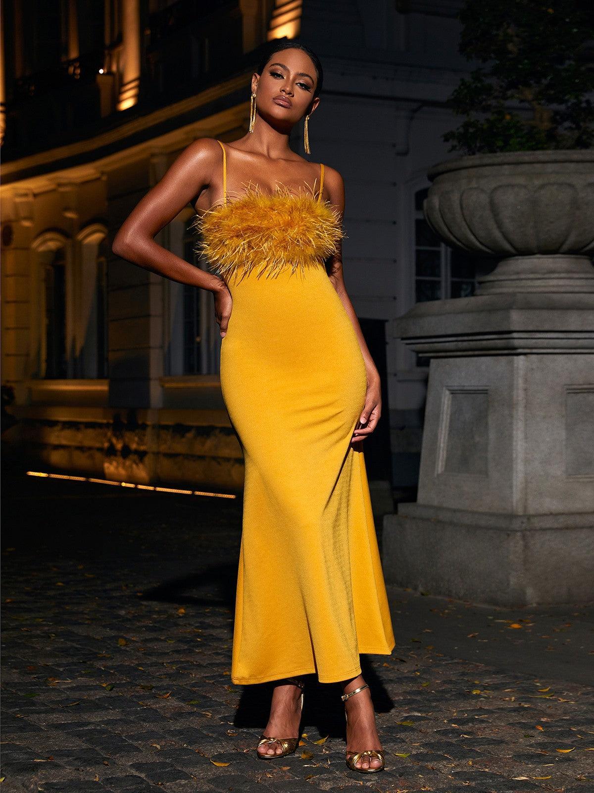 Effy Spaghetti Feather Maxi Dress In Yellow-Mix MIx Style