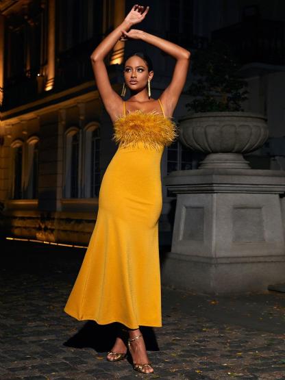 Effy Spaghetti Feather Maxi Dress In Yellow-Mix MIx Style