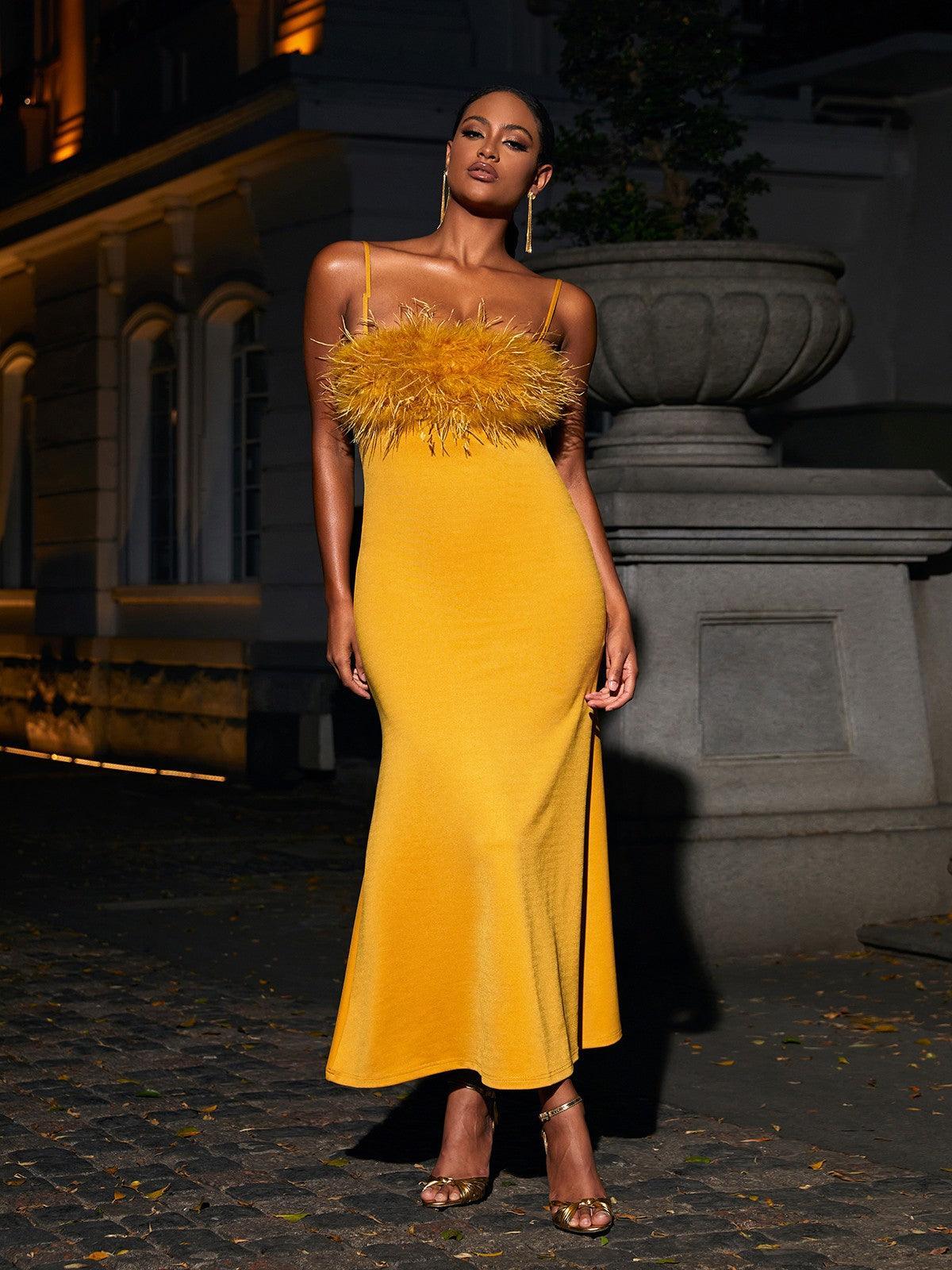 Effy Spaghetti Feather Maxi Dress In Yellow-Mix MIx Style