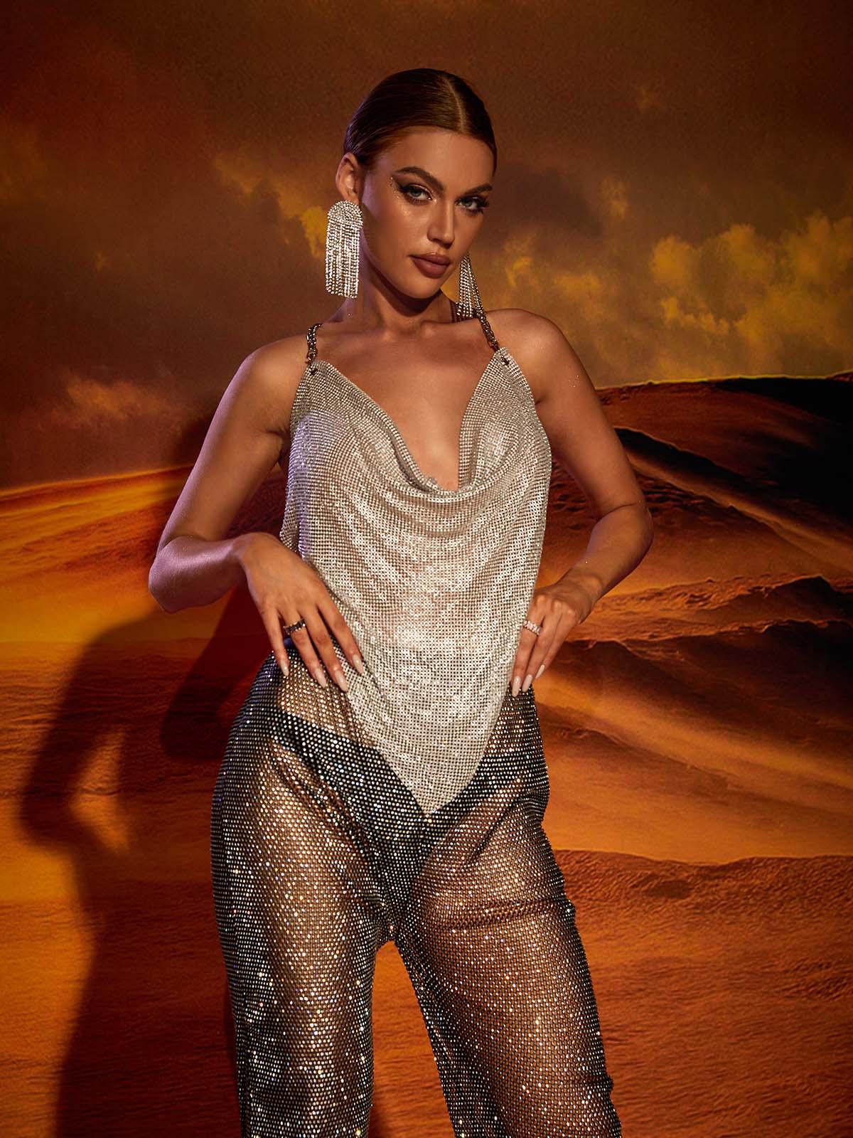 V Neck Chainmail Top In Silver | Mix Mix Style [Hot Seller]-Mix MIx Style