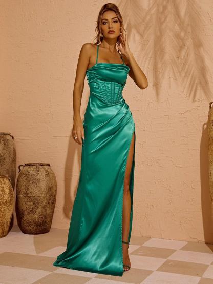 Satin Backless Split Maxi Dress In Green | Mix Mix Style [Hot Seller]-Mix MIx Style