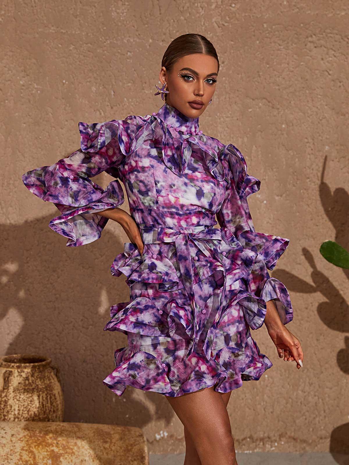 Elena Printed Ruffle Mini Dress In Purple-Mix MIx Style