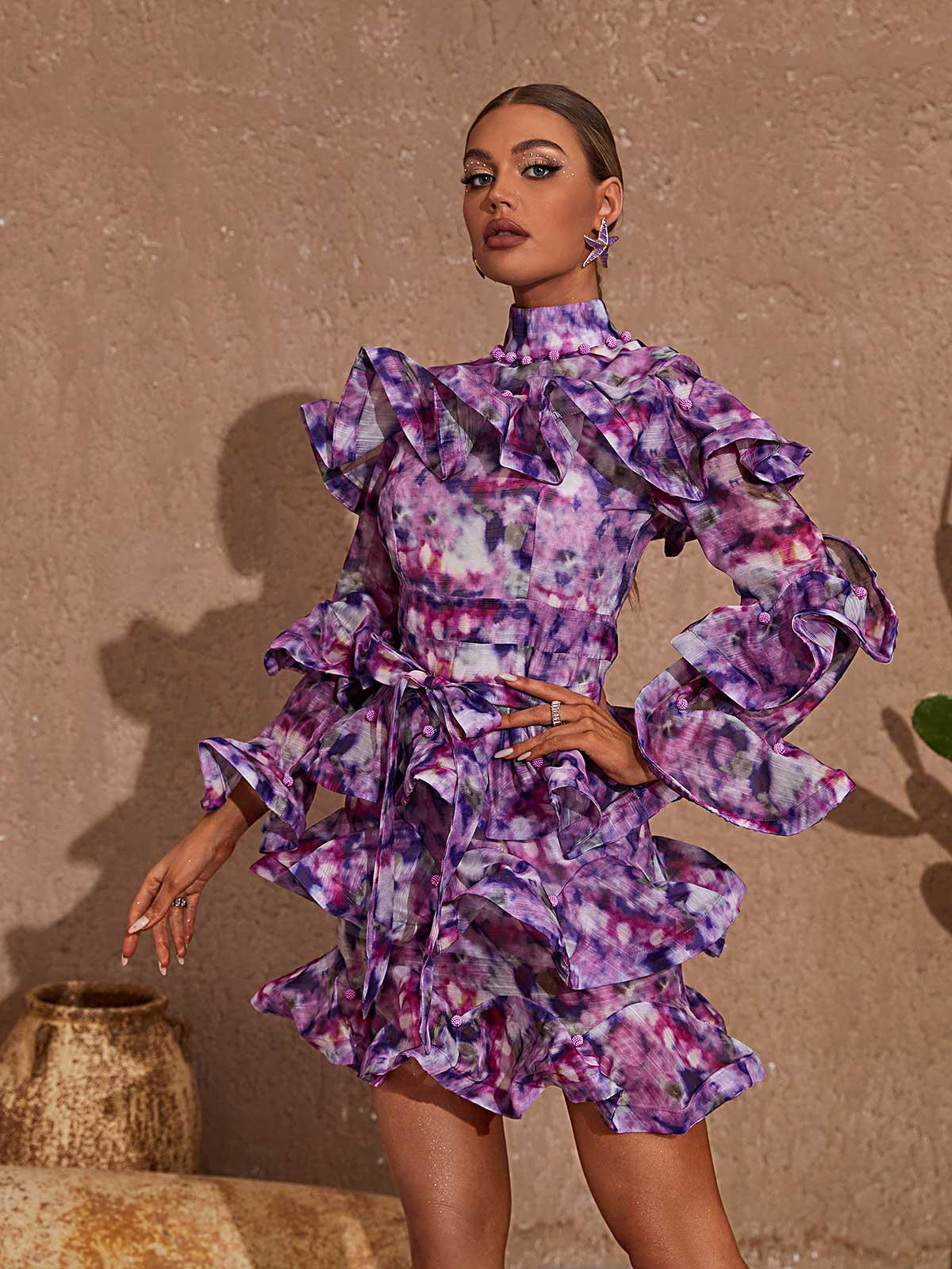 Elena Printed Ruffle Mini Dress In Purple-Mix MIx Style