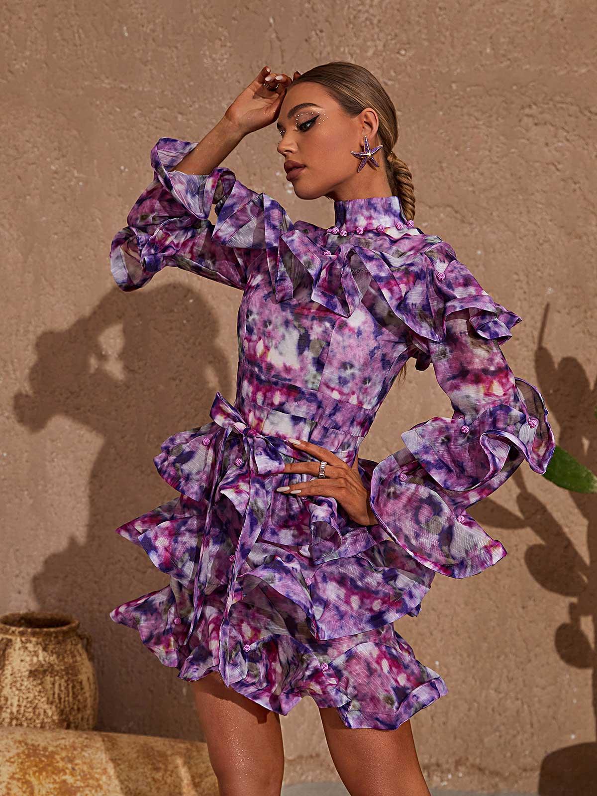 Elena Printed Ruffle Mini Dress In Purple-Mix MIx Style