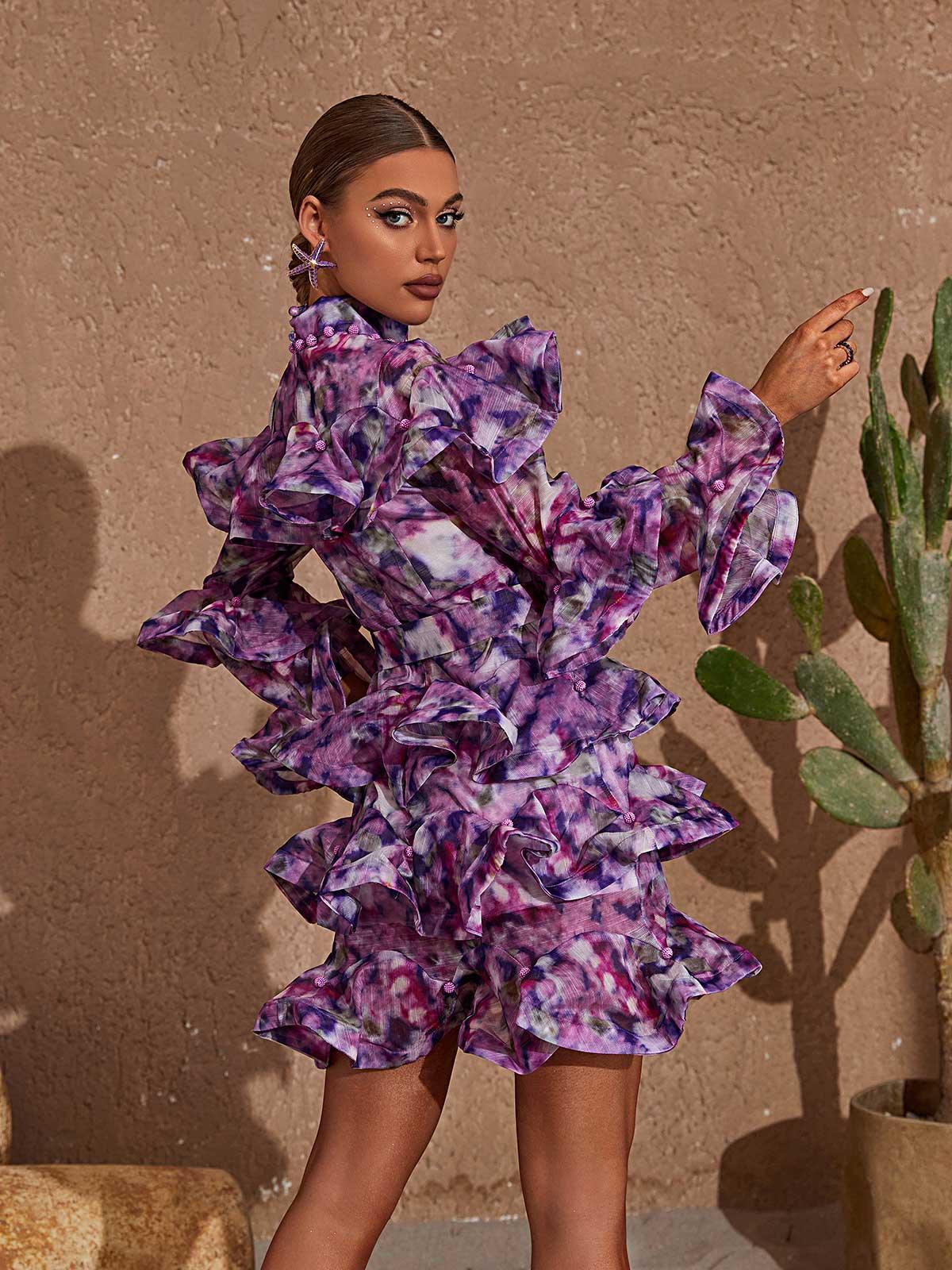 Elena Printed Ruffle Mini Dress In Purple-Mix MIx Style