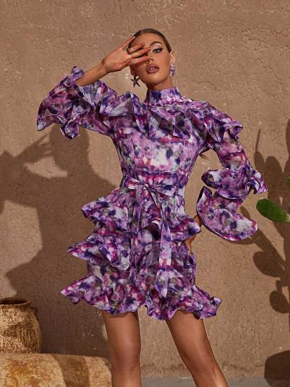 Elena Printed Ruffle Mini Dress In Purple-Mix MIx Style