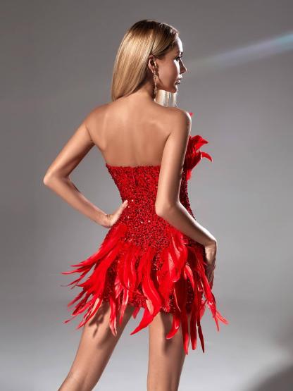 Red Strapless Sequin Feather Mini Dress | Mix Mix Style [Hot Seller]-Mix MIx Style
