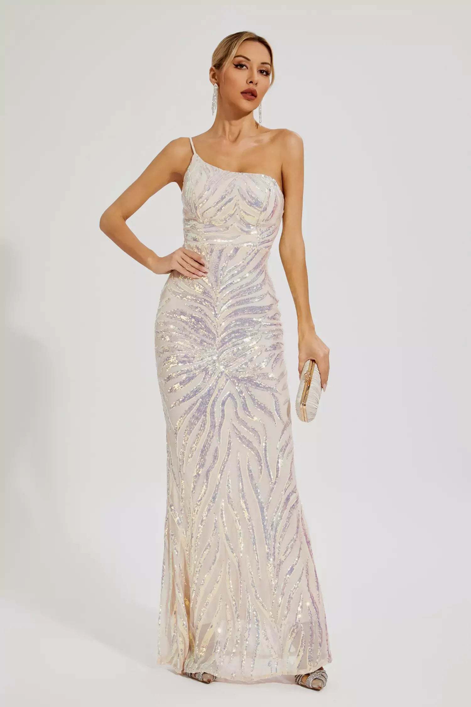 Apricot One-shoulder Irregular Embellished Sequins Graduation party Maxi Dress | Mix Mix Style