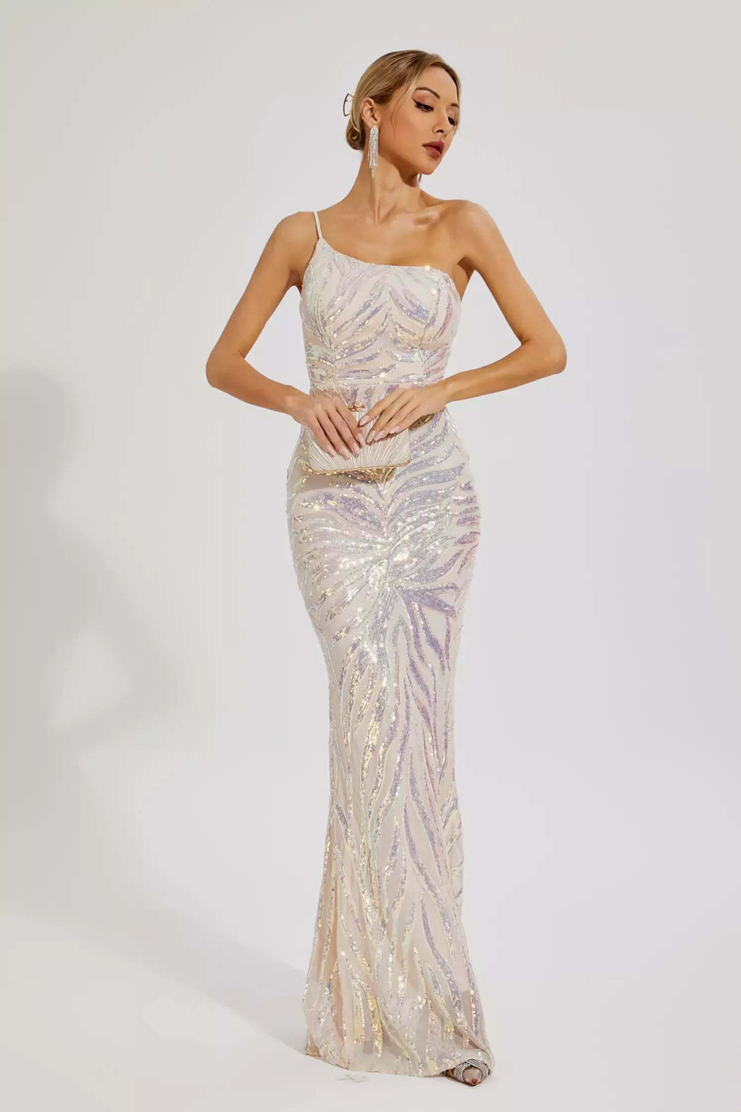 Apricot One-shoulder Irregular Embellished Sequins Graduation party Maxi Dress | Mix Mix Style