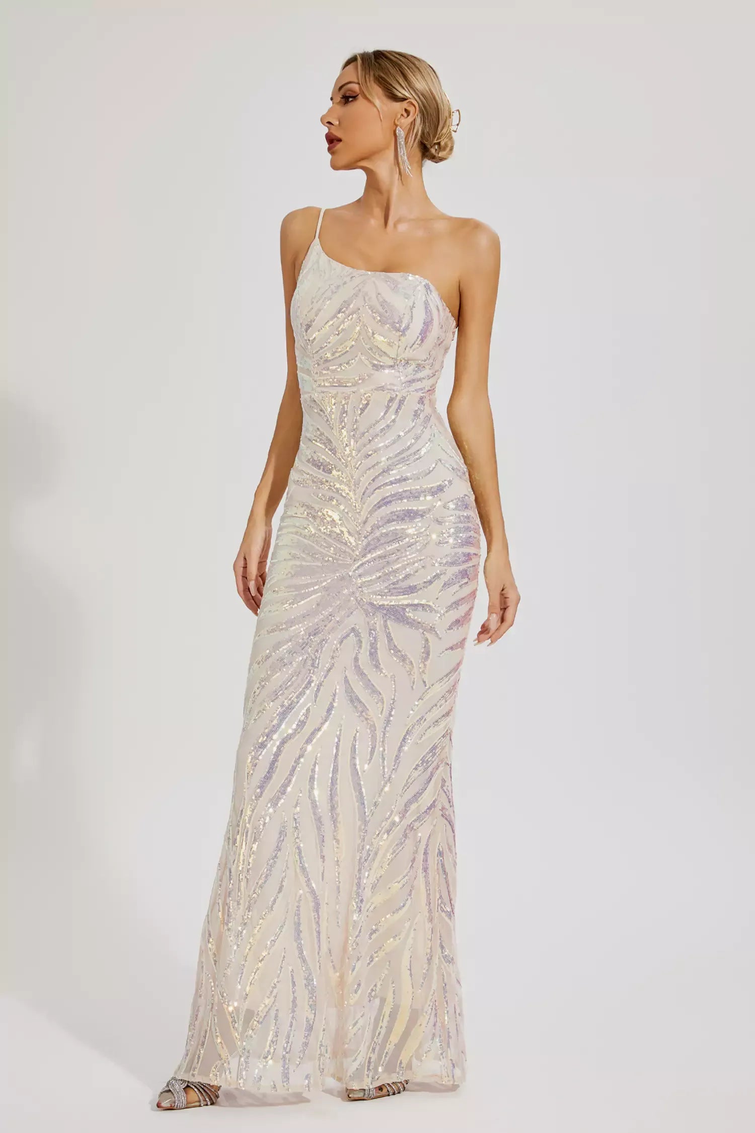Apricot One-shoulder Irregular Embellished Sequins Graduation party Maxi Dress | Mix Mix Style