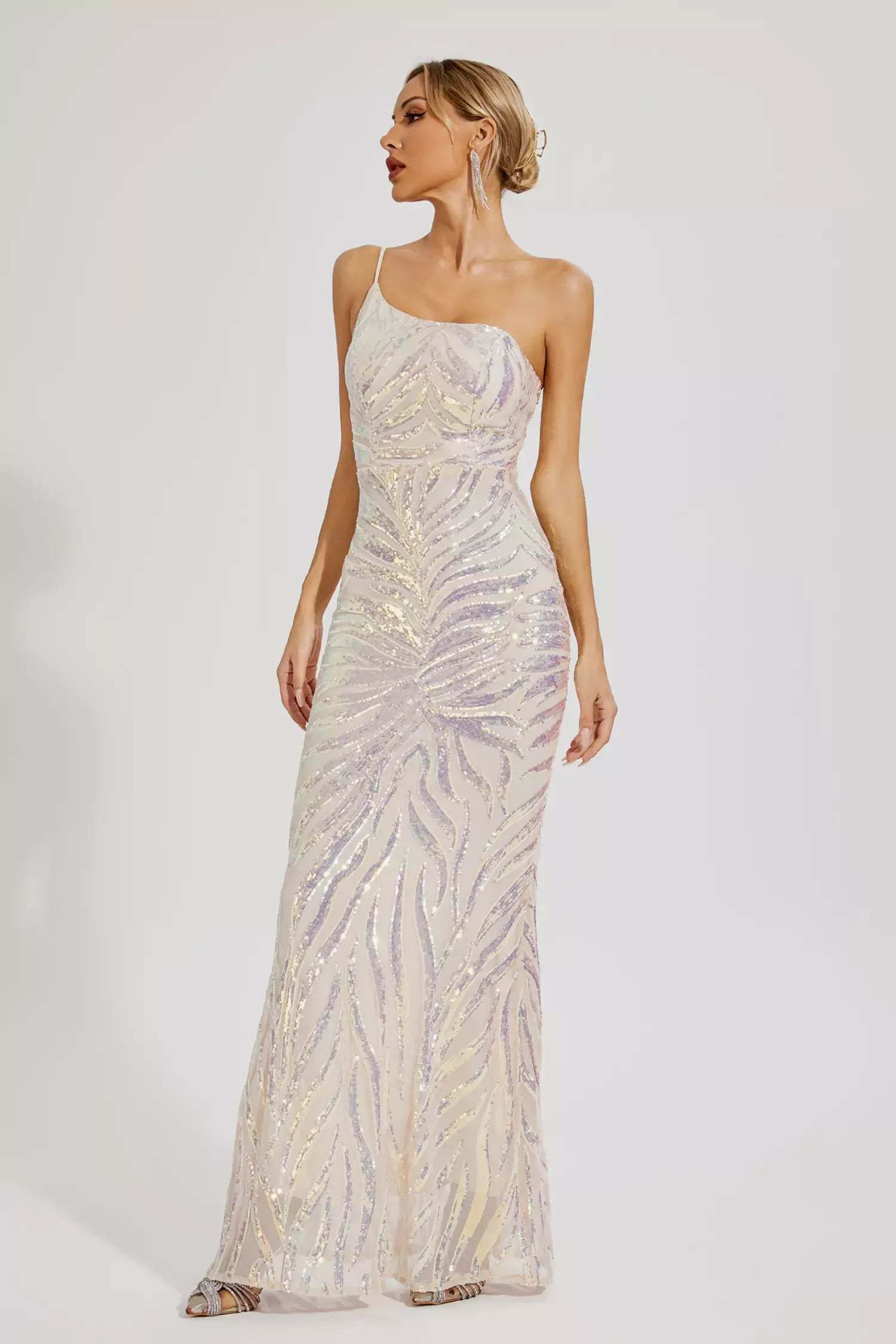 Apricot One-shoulder Irregular Embellished Sequins Graduation party Maxi Dress | Mix Mix Style-Mix MIx Style
