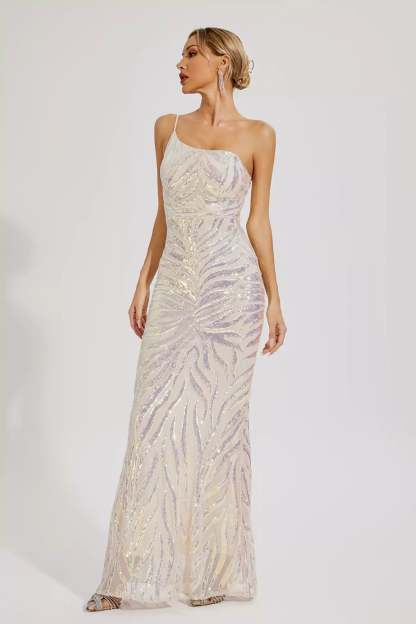 Apricot One-shoulder Irregular Embellished Sequins Graduation party Maxi Dress | Mix Mix Style