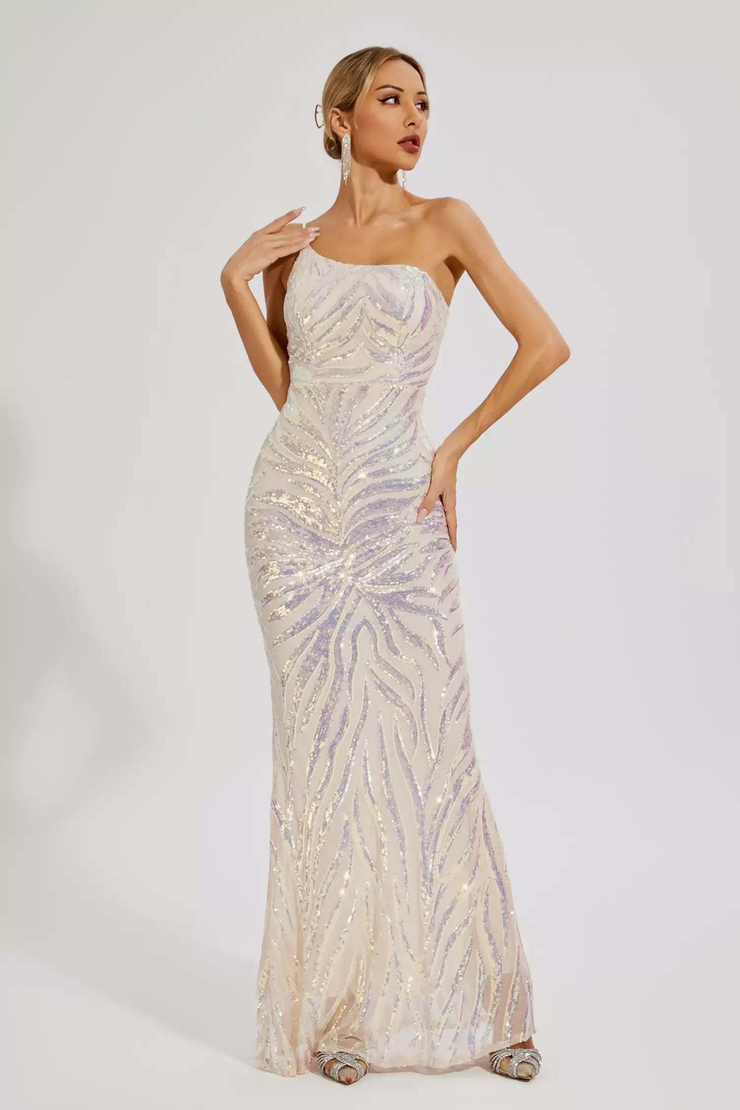 Apricot One-shoulder Irregular Embellished Sequins Graduation party Maxi Dress | Mix Mix Style