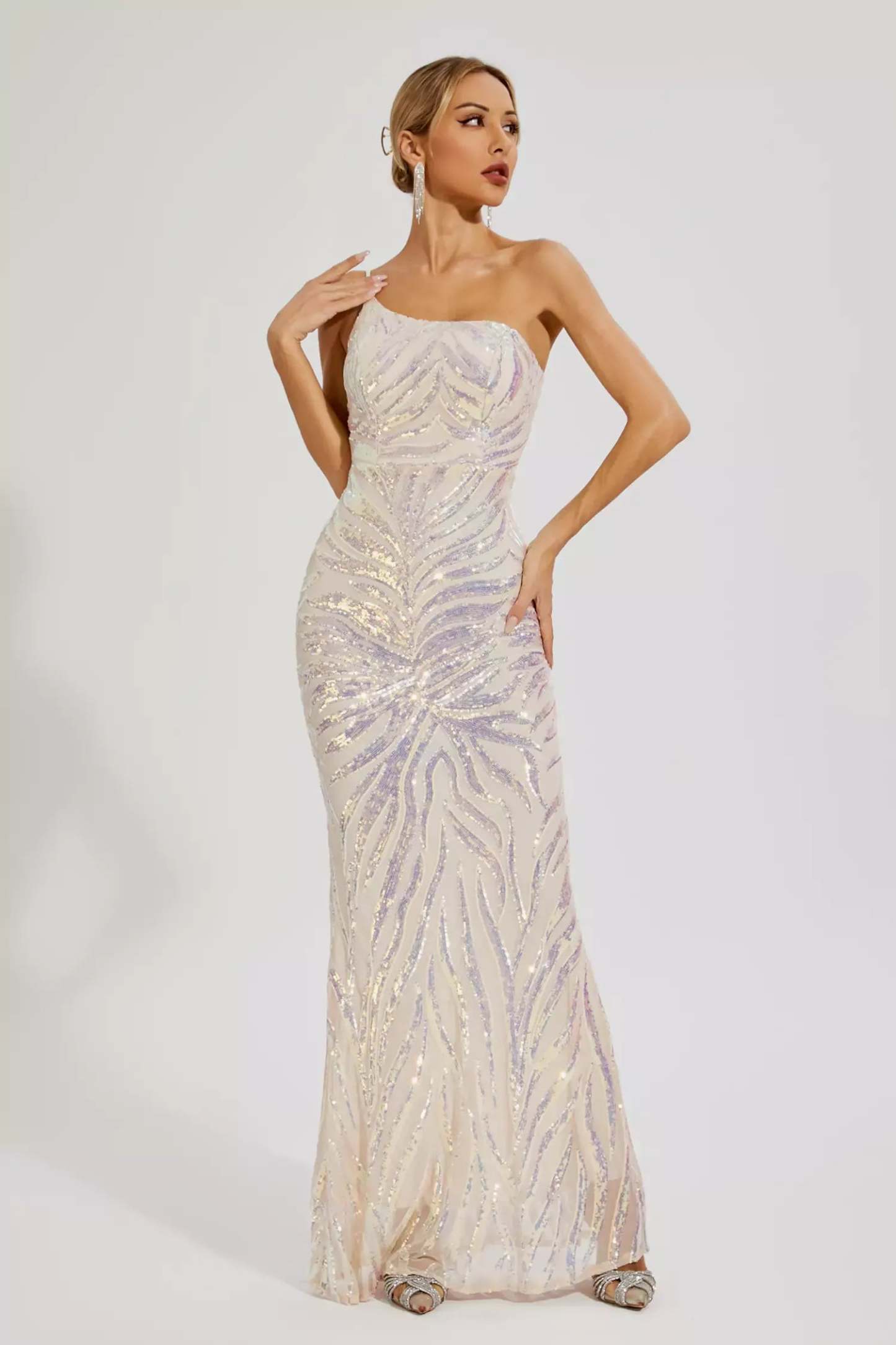 Apricot One-shoulder Irregular Embellished Sequins Graduation party Maxi Dress | Mix Mix Style