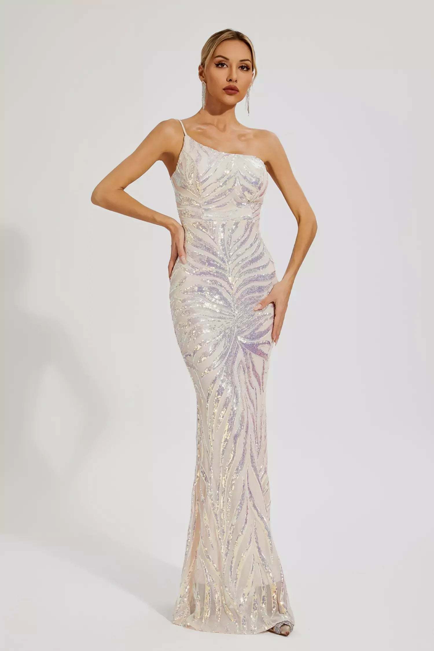 Apricot One-shoulder Irregular Embellished Sequins Graduation party Maxi Dress | Mix Mix Style
