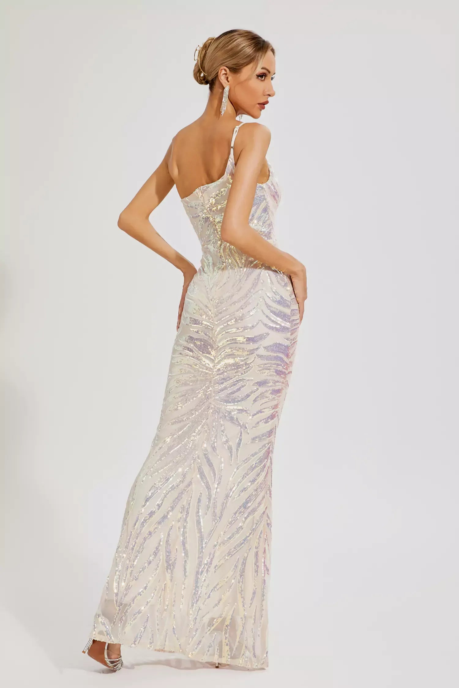 Apricot One-shoulder Irregular Embellished Sequins Graduation party Maxi Dress | Mix Mix Style