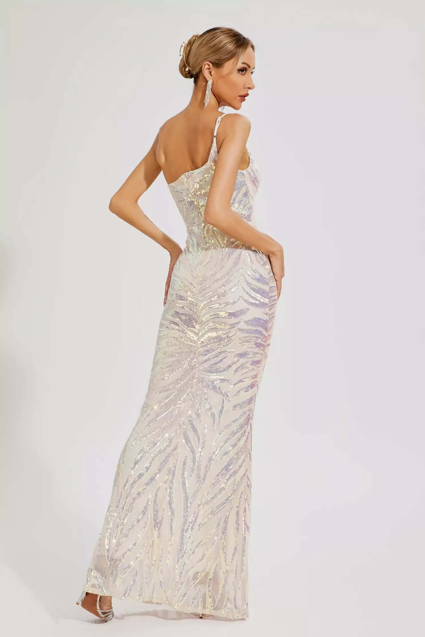 Apricot One-shoulder Irregular Embellished Sequins Graduation party Maxi Dress | Mix Mix Style