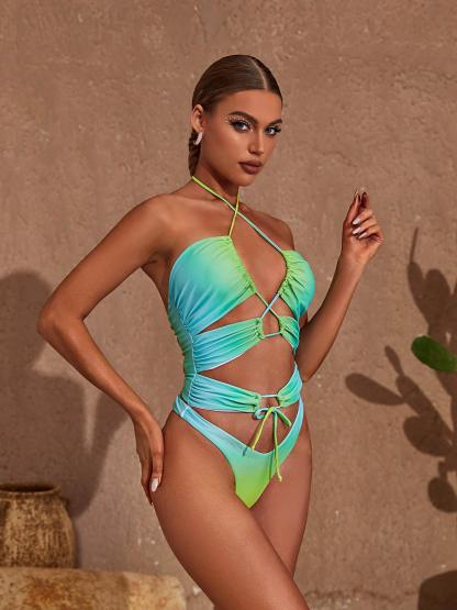 Green Gradient Cutout One Piece Swimsuit | Mix Mix Style-Mix MIx Style