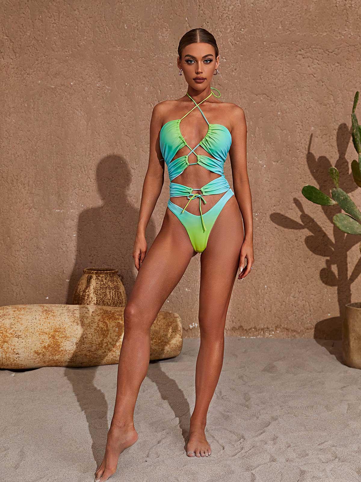 Green Gradient Cutout One Piece Swimsuit | Mix Mix Style-Mix MIx Style