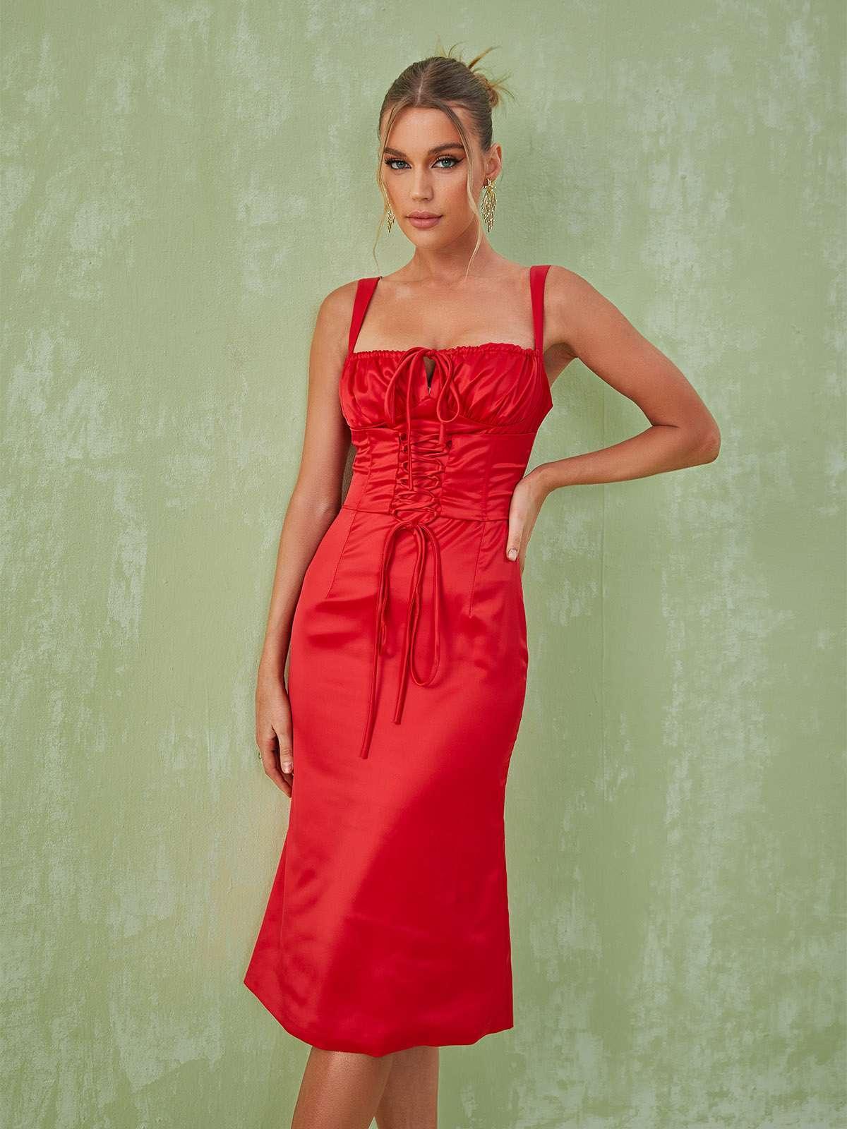 Elidi Satin Lace Up Corset Midi Dress-Mix MIx Style