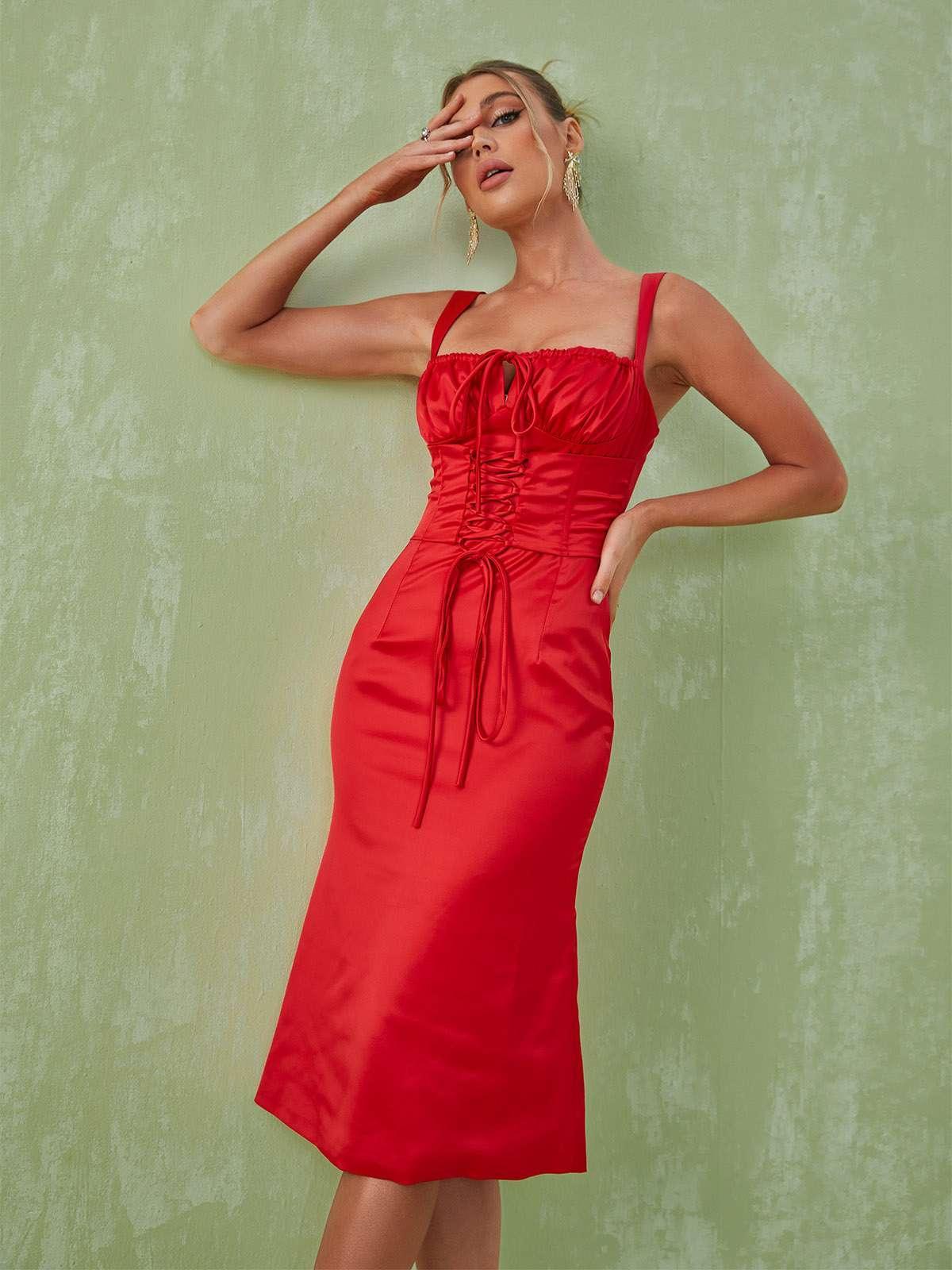 Elidi Satin Lace Up Corset Midi Dress-Mix MIx Style