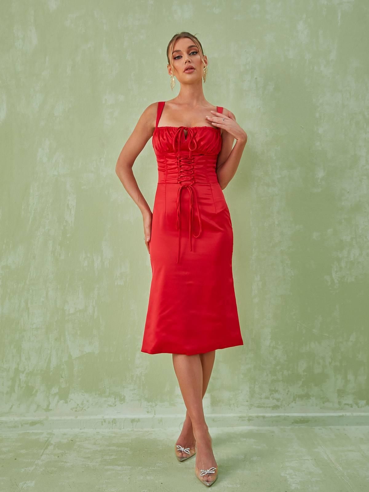 Elidi Satin Lace Up Corset Midi Dress-Mix MIx Style