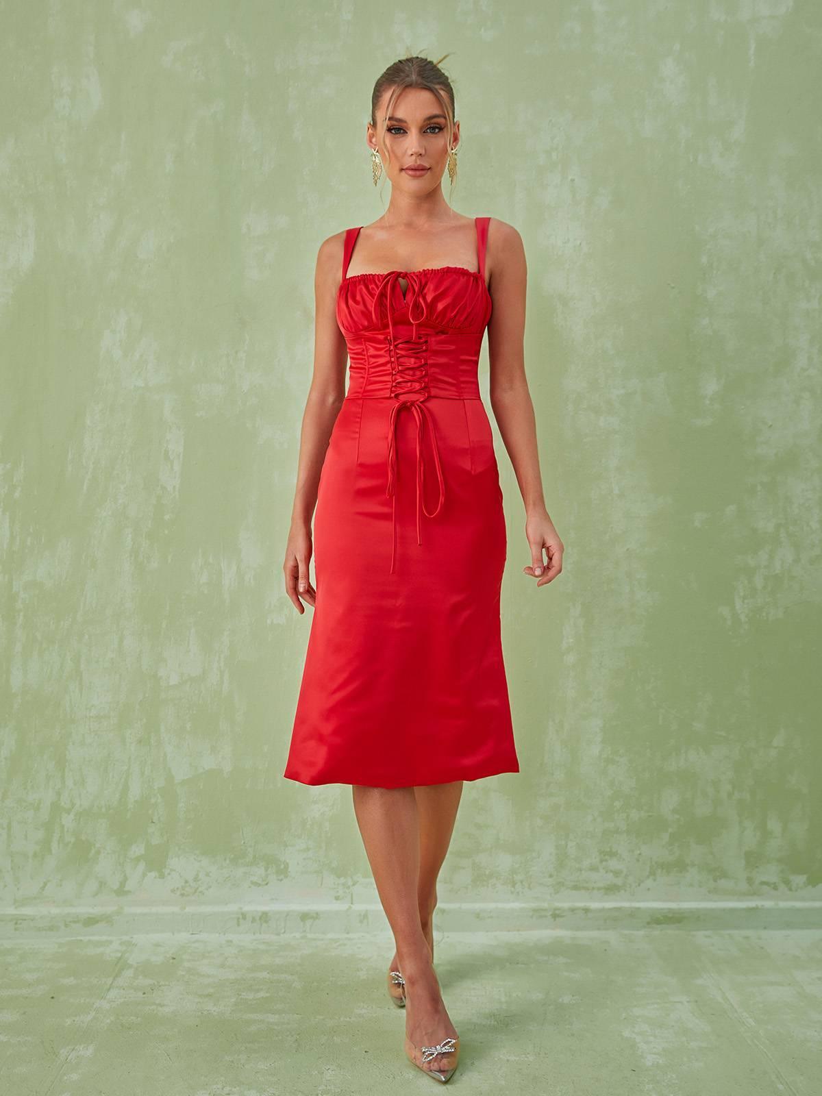 Elidi Satin Lace Up Corset Midi Dress-Mix MIx Style